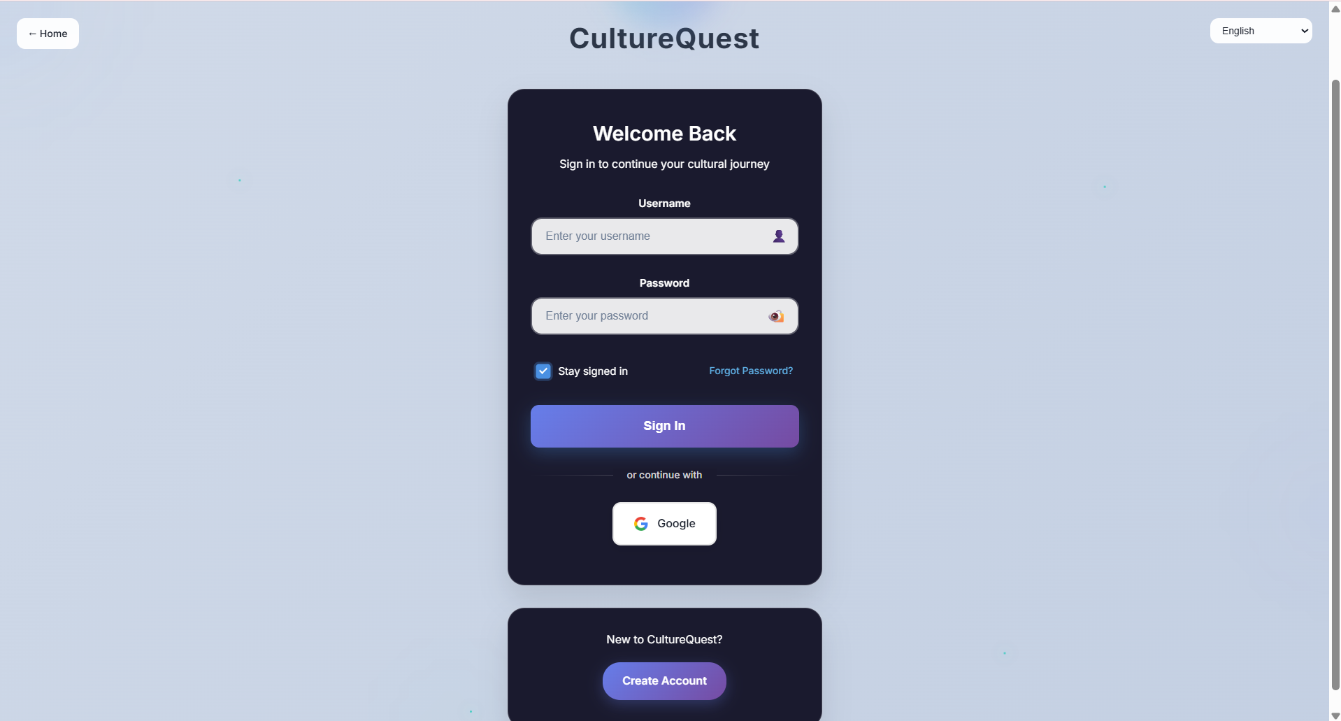CultureQuest Login Interface